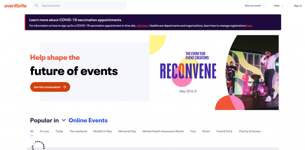 Eventbrite home page