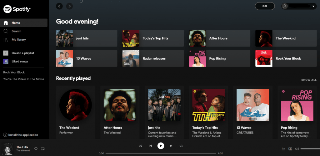 Spotify home page